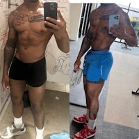 two pictures of a man posing before and after a workout