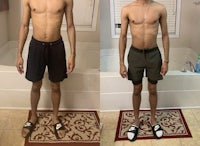 two pictures of a man standing in front of a bathtub