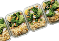 four plastic containers with rice, broccoli and lemons