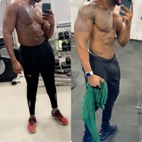 two pictures of a man before and after a workout